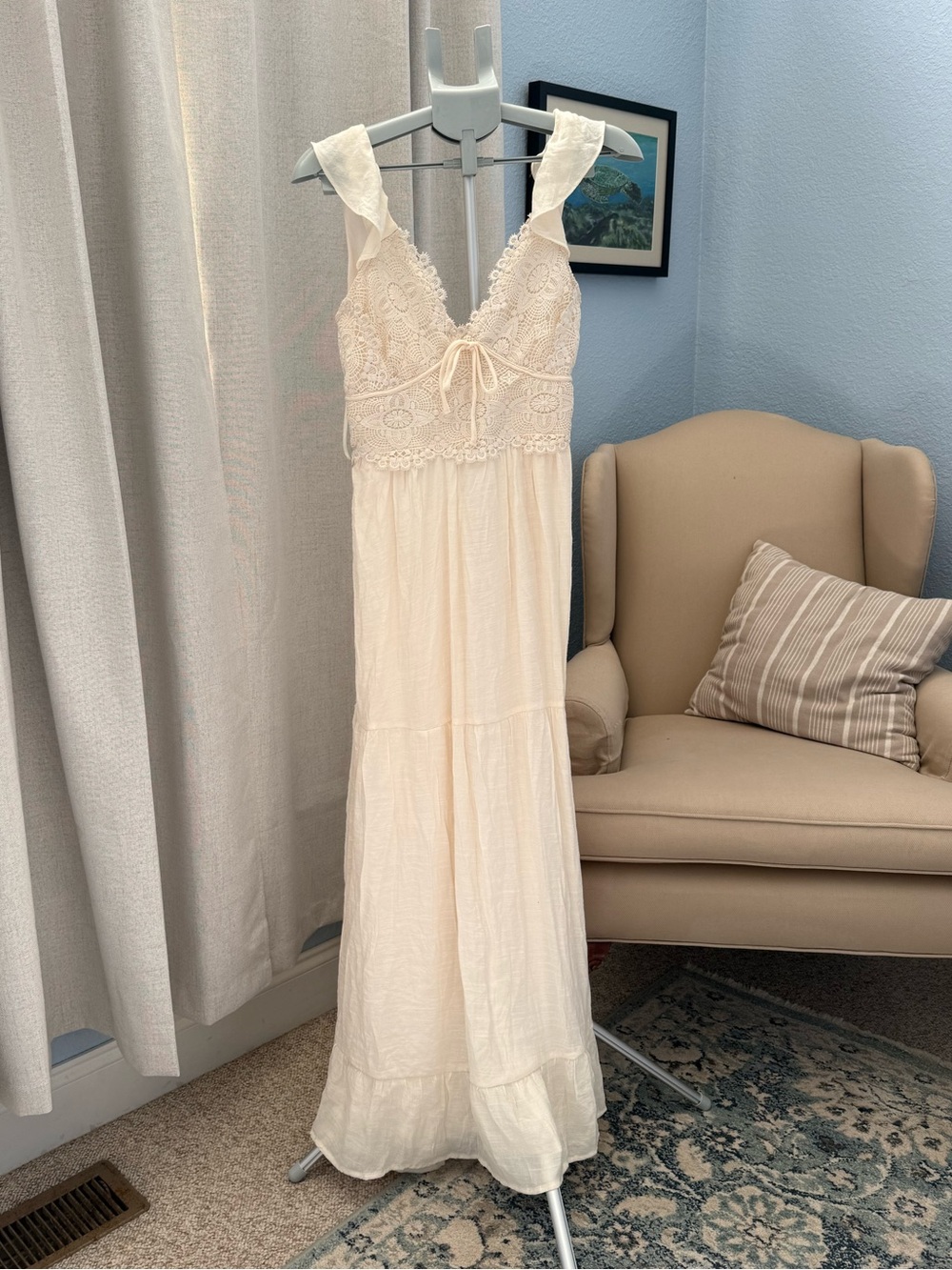 NWT Cottagecore Cream Lace Maxi V Neck Tie Back Tiered Summer Dress Size L